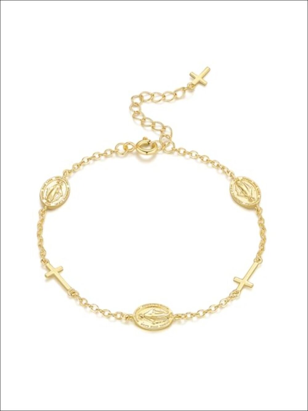 14K Gold Plated Cross Virgin Mary Bracelet Adjustable Christian Chain Link